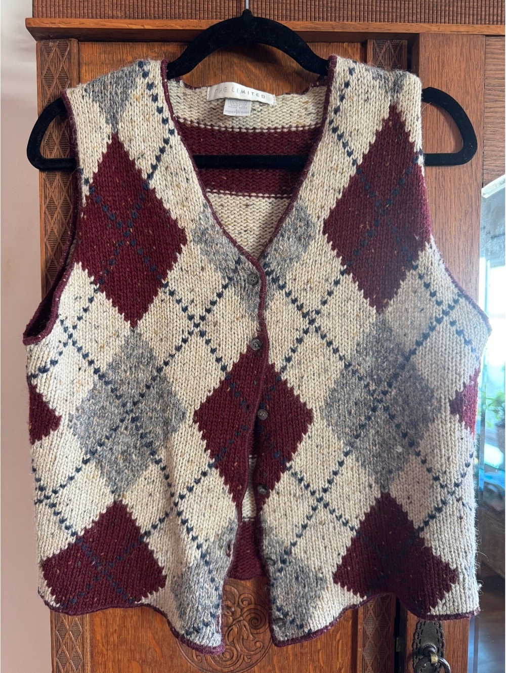 Vintage The Limited Argyle Knit Sweater Vest Maroon Oatmeal Grey Size Large L